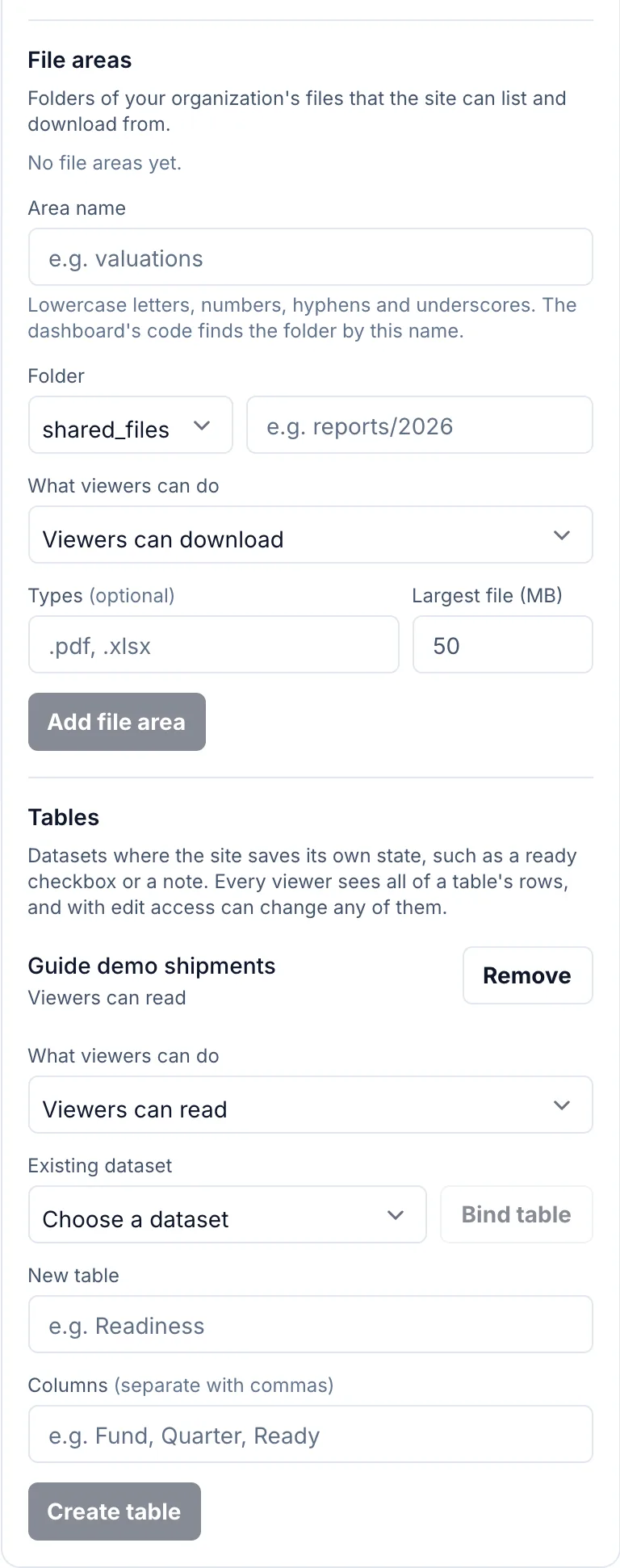 The File areas and Tables part of the Bindings panel. File areas has Area name, Folder with the root and the folder, What viewers can do, Types and Largest file (MB), and an Add file area button. Tables lists Guide demo shipments with Viewers can read and a Remove button, then What viewers can do, Existing dataset with a Bind table button, New table, Columns and a Create table button.