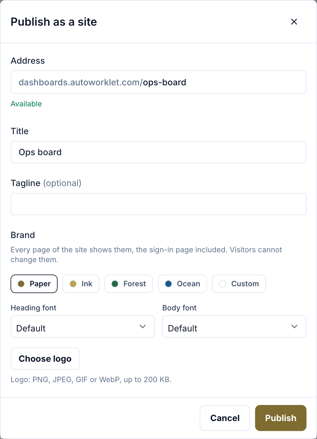 The Publish as a site dialog. Address reads dashboards.autoworklet.com/ops-board and is marked Available. Below it are Title, an optional Tagline, and Brand with Paper selected, both fonts on Default and a Choose logo button. Cancel and Publish buttons are at the bottom.
